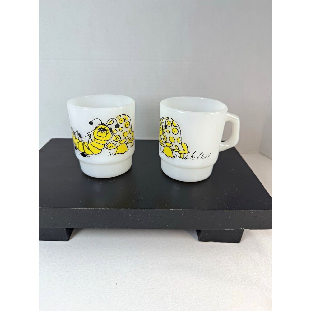 Vtg Fire-King Hildi Stacking Mug Pair White Milk Glass Caterpillar Mushroom